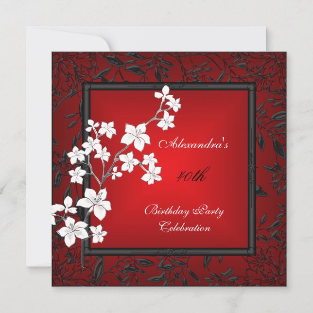 40th Birthday Asian Red Black Floral Silver White Invitation (Front)
