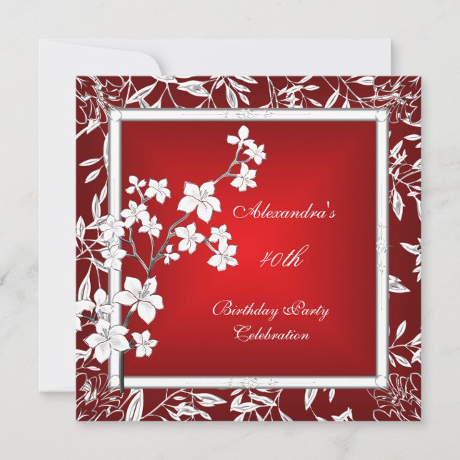 40th Birthday Asian Red Floral Silver White Invitation (Front)