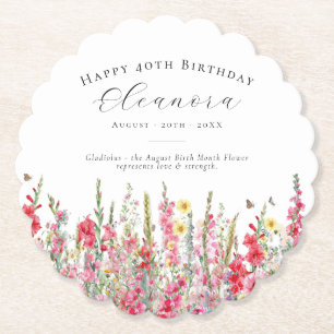 40th Birthday August Birth Flower Custom Paper Coaster