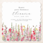 40th Birthday August Birth Month Flower Custom Paper Coaster<br><div class="desc">Perfect table decor for an August birthday party. Pink gladiolus is the birth flower for that month. It forms a pretty watercolor bottom border on this floral personalized coaster. The birthday guest of honour's name, age and birthdate are placed above it using elegant calligraphy and typography. All text is editable....</div>