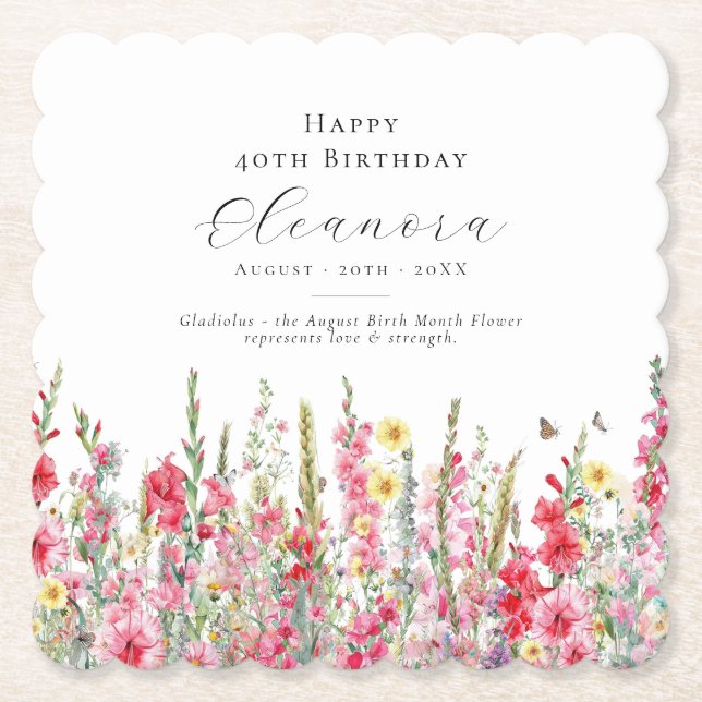 40th Birthday August Birth Month Flower Custom Paper Coaster (Front)