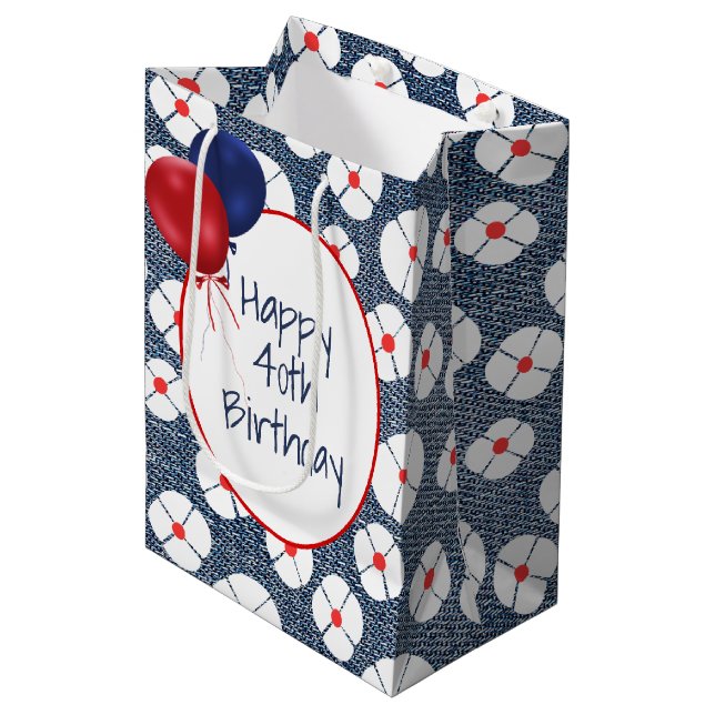 40th Birthday Balloons on Floral Denim  Medium Gift Bag (Front Angled)