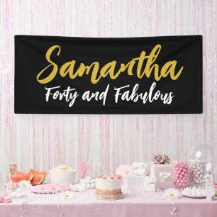 40th Birthday Banner, Elegant Black Gold White Banner