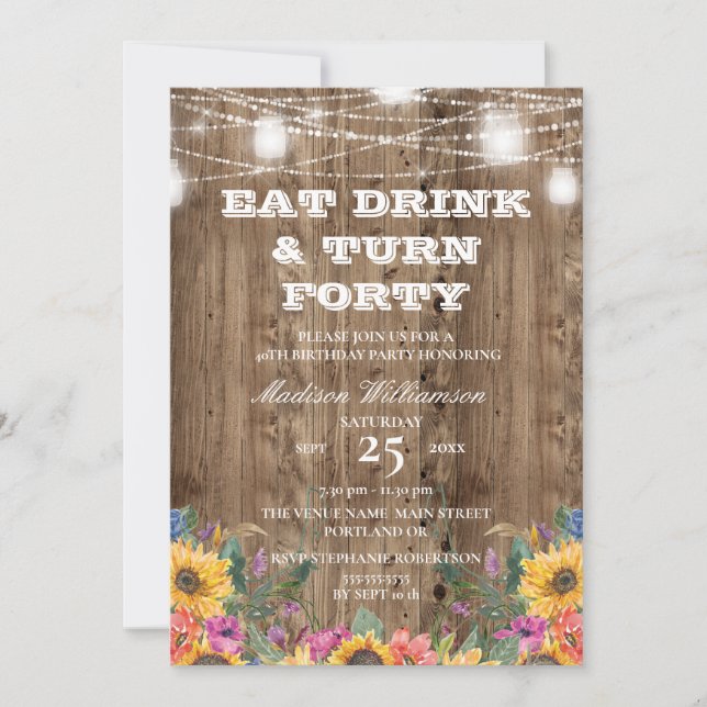  40th Birthday Barn Wood Mason Jar  & Sunflower   Invitation (Front)