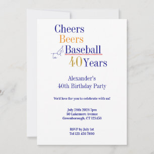 40th Birthday Baseball Cheers Beers Minimal Party Invitation