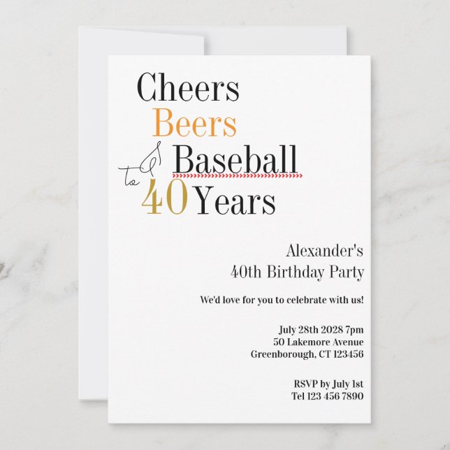 40th Birthday Baseball Cheers Beers Minimal Party Invitation (Front)