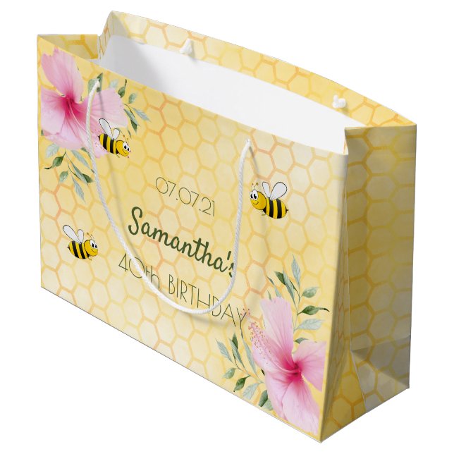 40th Birthday bees honeycomb pink florals Large Gift Bag (Back Angled)