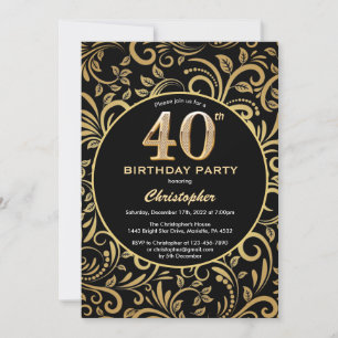 40th Birthday Black and Gold Floral Pattern Invitation