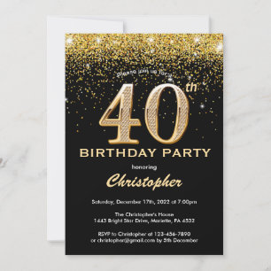 40th Birthday Black and Gold Glitter Confetti Invitation