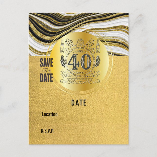40th Birthday Black and Gold Modern Save the Date Postcard (Front)