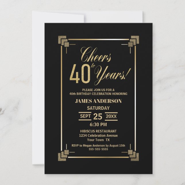 40th Birthday Black and Gold Party Invitation (Front)