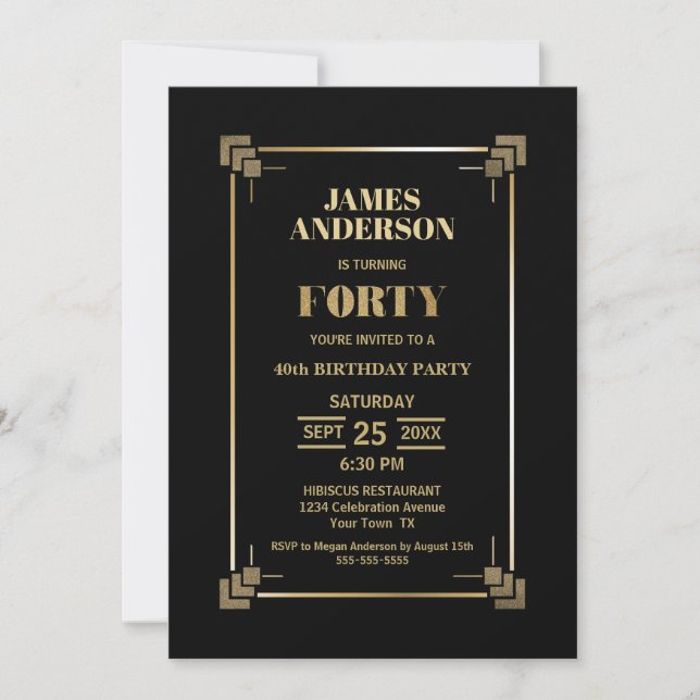40th Birthday Black and Gold Party Invitation (Front)