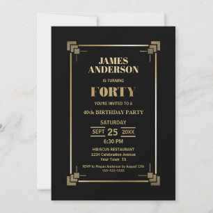 40th Birthday Black and Gold Party Invitation