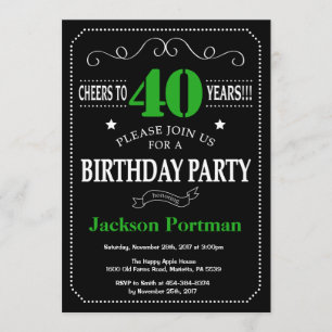 40th Birthday Black and Green Chalkboard Invitation