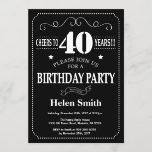40th Birthday Black and White Chalkboard Invitation