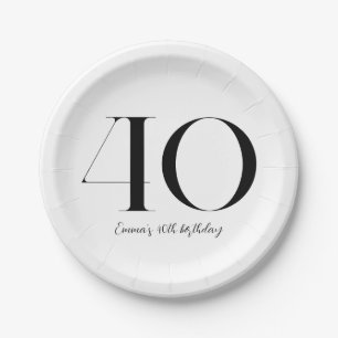 40th Birthday Black and White Paper Plate