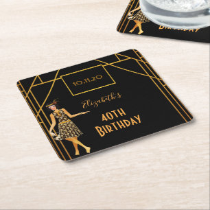 40th birthday black gold 1920's art deco style square paper coaster