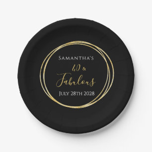 40th Birthday Black Gold Birthday Party Paper Plate