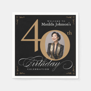 40th Birthday Black Gold Calligraphy Custom Photo Napkin