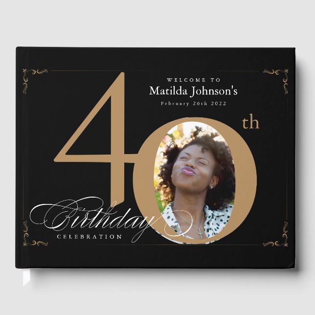 40th Birthday Black Gold Calligraphy Elegant Photo Guest Book (Front)