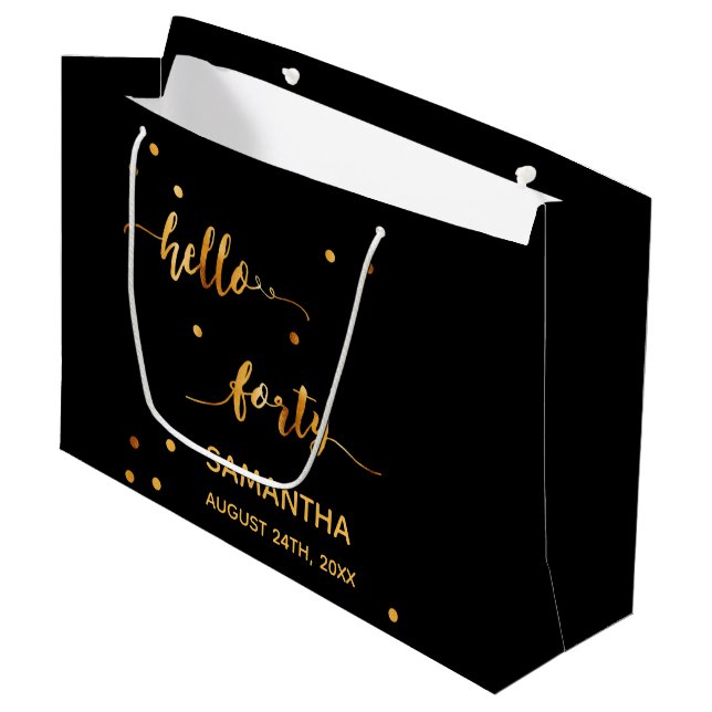 40th birthday black gold hello 40 name script large gift bag (Front Angled)