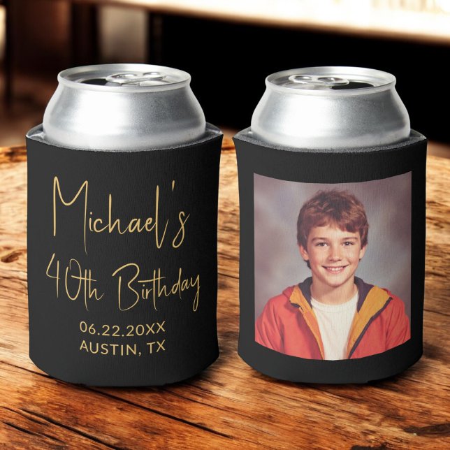 40th Birthday Black Gold Instagram Photo Can Cooler (Creator Uploaded)