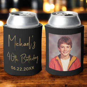 40th Birthday Black Gold Instagram Photo Can Cooler