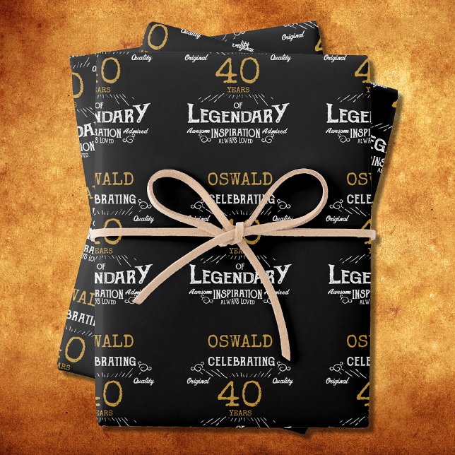 40th Birthday Black Gold  Legendary Retro Wrapping Paper Sheet (40th Birthday Black Gold Legendary Retro Wrapping Paper Sheets)