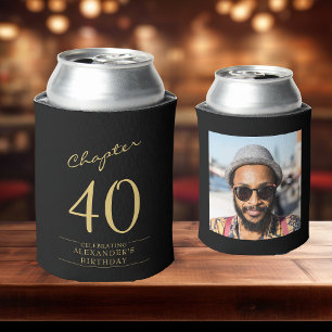 40th Birthday Black Gold Photo Template Can Cooler