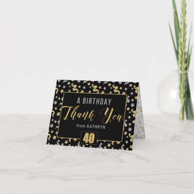 40th Birthday Black Gold Silver Confetti with Name Thank You Card (Front)