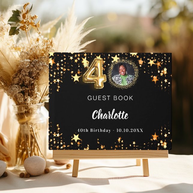 40th Birthday black gold stars photo Guest Book (Creator Uploaded)