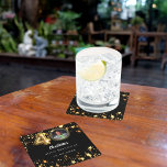 40th birthday black gold stars photo square paper coaster<br><div class="desc">Black background,  decorated with golden stars. Personalize and add a photo,  name,  age,  date.</div>