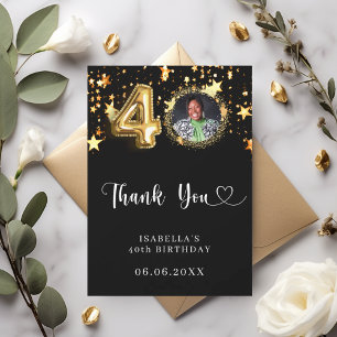 40th birthday black gold stars photo thank you card