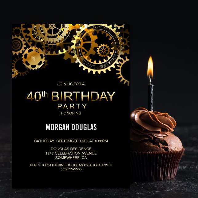 40th Birthday Black Gold Steampunk Watch Gears Invitation (Creator Uploaded)