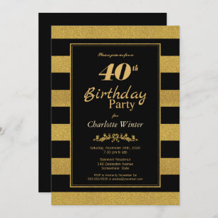 40th Birthday Black Gold Striped Party Invitation