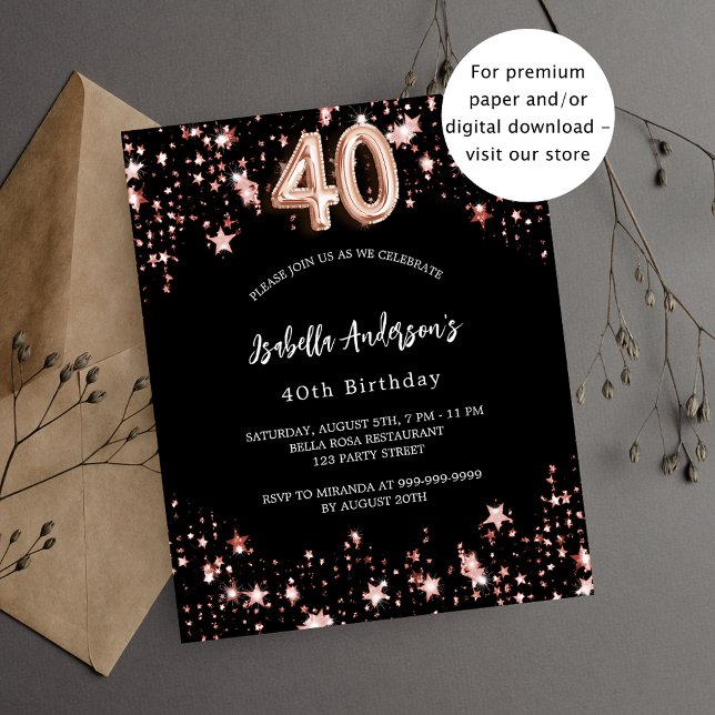 40th birthday black rose gold budget invitation (Creator Uploaded)