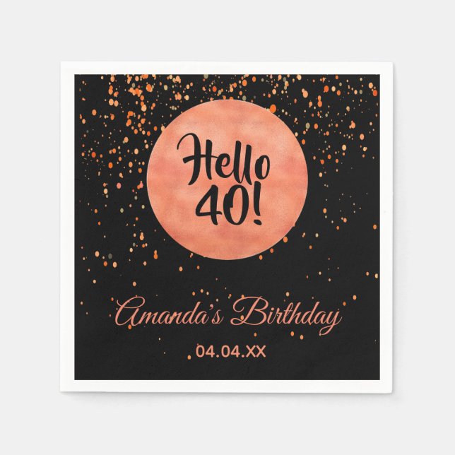 40th birthday black rose gold hello 40 name napkin (Front)