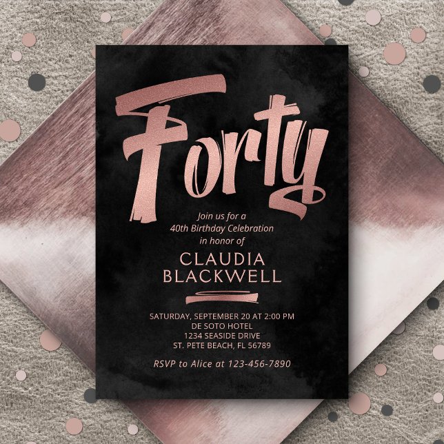 40th Birthday Black Rose Gold Invitation (Creator Uploaded)
