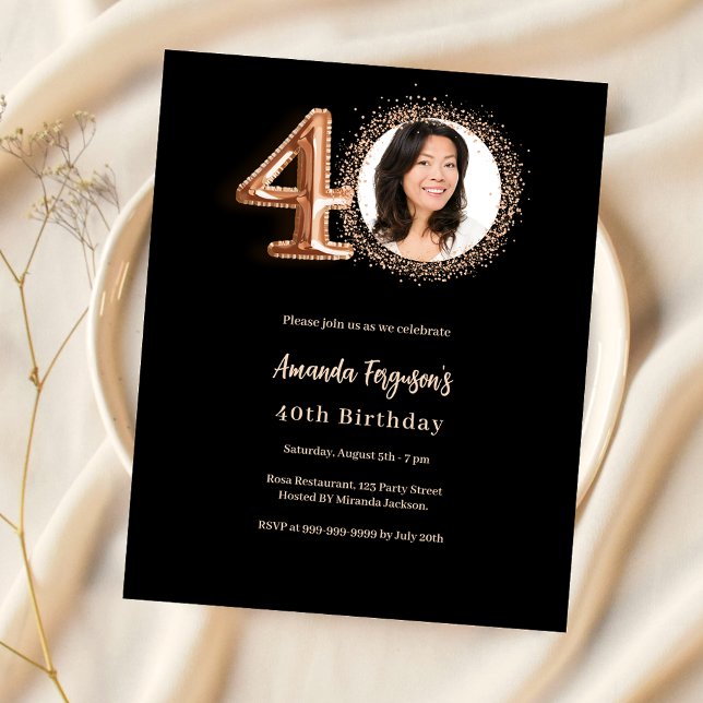 40th birthday black rose gold photo invitation (Creator Uploaded)