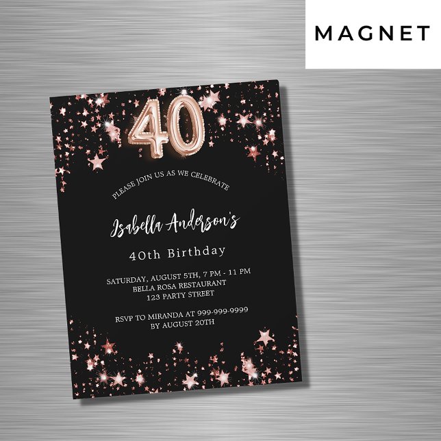 40th birthday black rose gold stars luxury magnetic invitation (Creator Uploaded)