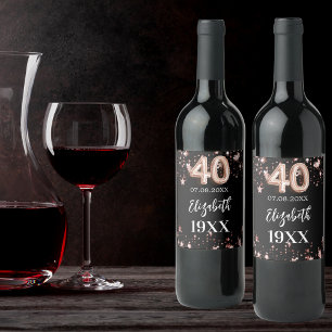 40th Birthday black rose gold stars Wine Label