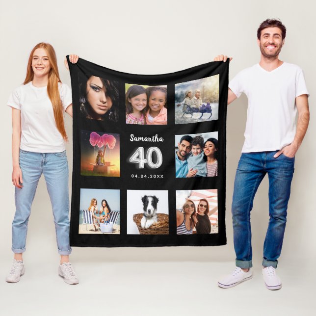 40th birthday black silver photo collage name fleece blanket (In Situ)
