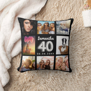 40th birthday black silver photo collage throw pillow