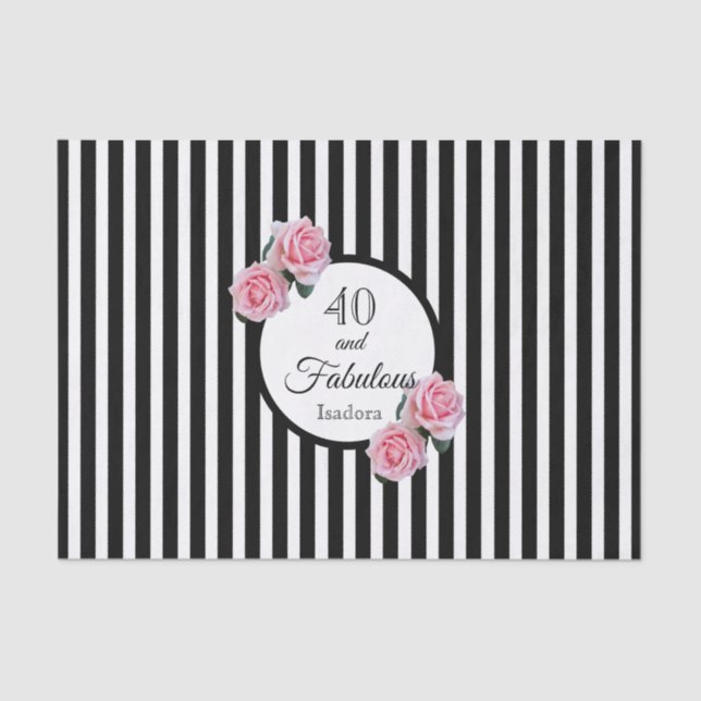 40th birthday black stripes pink florals name tissue paper (Front)