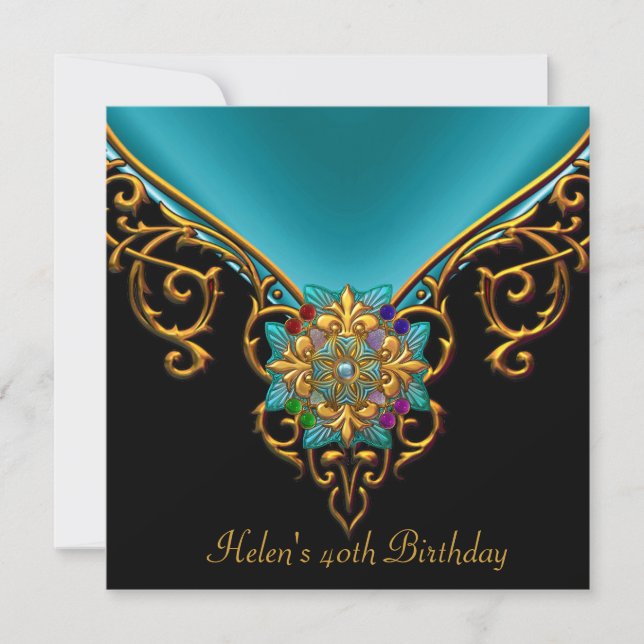 40th Birthday Black Teal Blue gold jewel Invitation (Front)