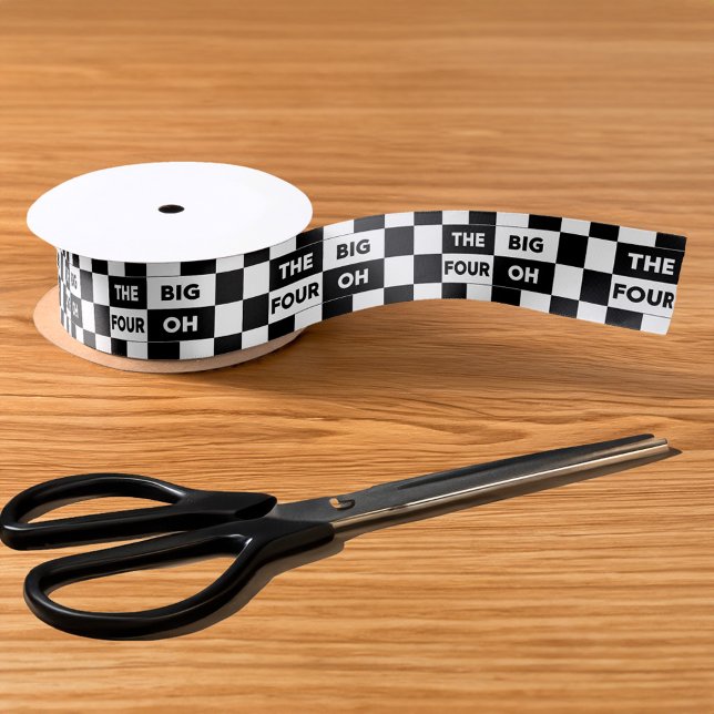 40th Birthday Black White Chequered Pattern Satin Ribbon (40th Birthday Black White Checkered Pattern Ribbon, in situ)
