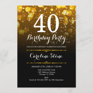 40th Birthday - Black White Gold Invitation