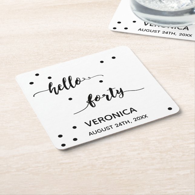 40th birthday black white hello forty monogram square paper coaster (Angled)