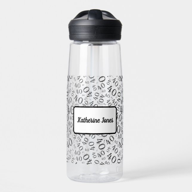 40th Birthday Black & White Random Number Pattern Water Bottle (Front)