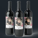 40th birthday black white stripes floral photo wine label<br><div class="desc">For an elegant and fun 40th birthday party. Classic slim black and white vertical stripes as background.  With girly and feminine flowers,  pink roses and peonies as decoration.  
A frame on front with template for the age 40,  a name and dates. Template for your own vertical photo.</div>